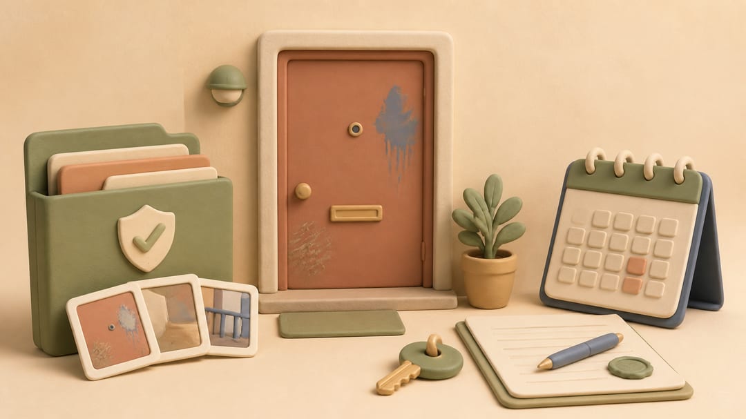Clay apartment door with scuff marks, incident evidence folder, key, agreement and calendar