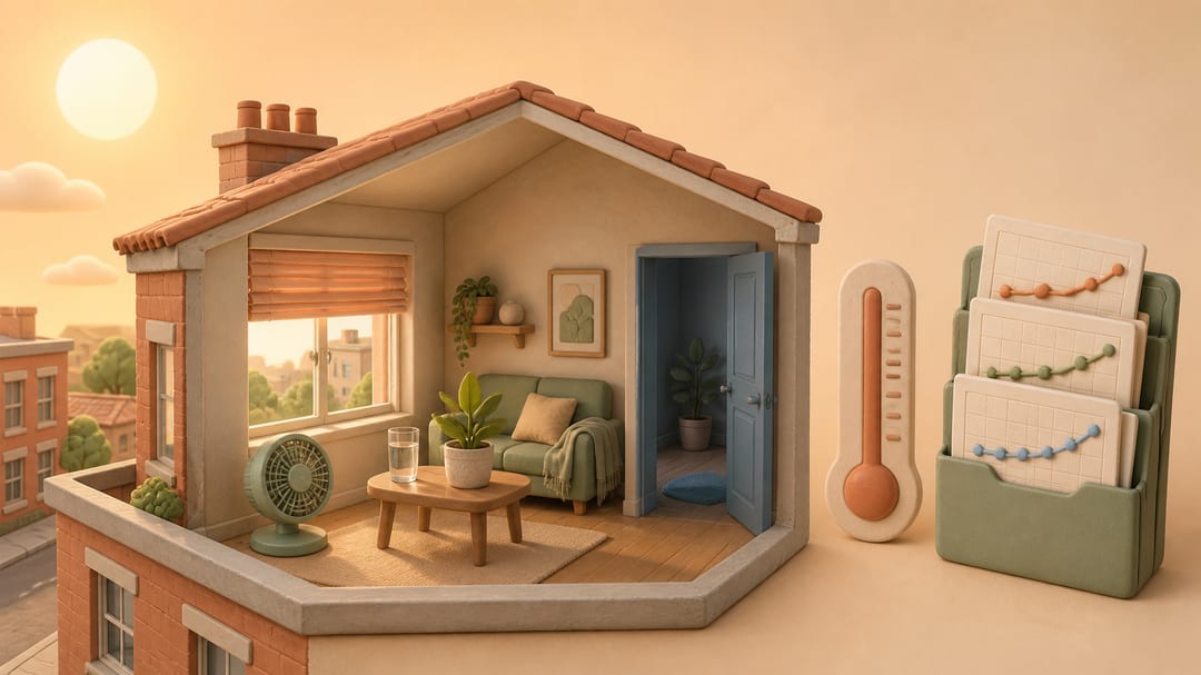 Clay top-floor flat with a sunlit window, blind, fan, water, thermometer and temperature-record cards