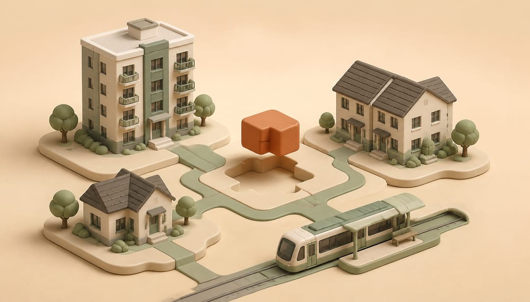 Clay neighborhood with an apartment building, duplex, starter home, transit line and an interlocking construction block