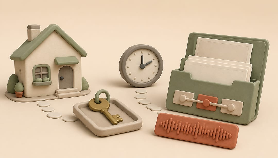 Clay rental house with a returned key, clock, short sound-wave strip and organized evidence folder