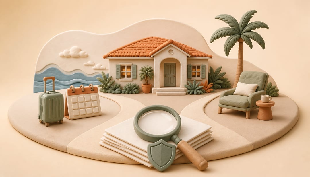 Clay illustration of a Florida coastal home with one path toward vacation-rental luggage and another toward a retirement chair, with due-diligence documents in front