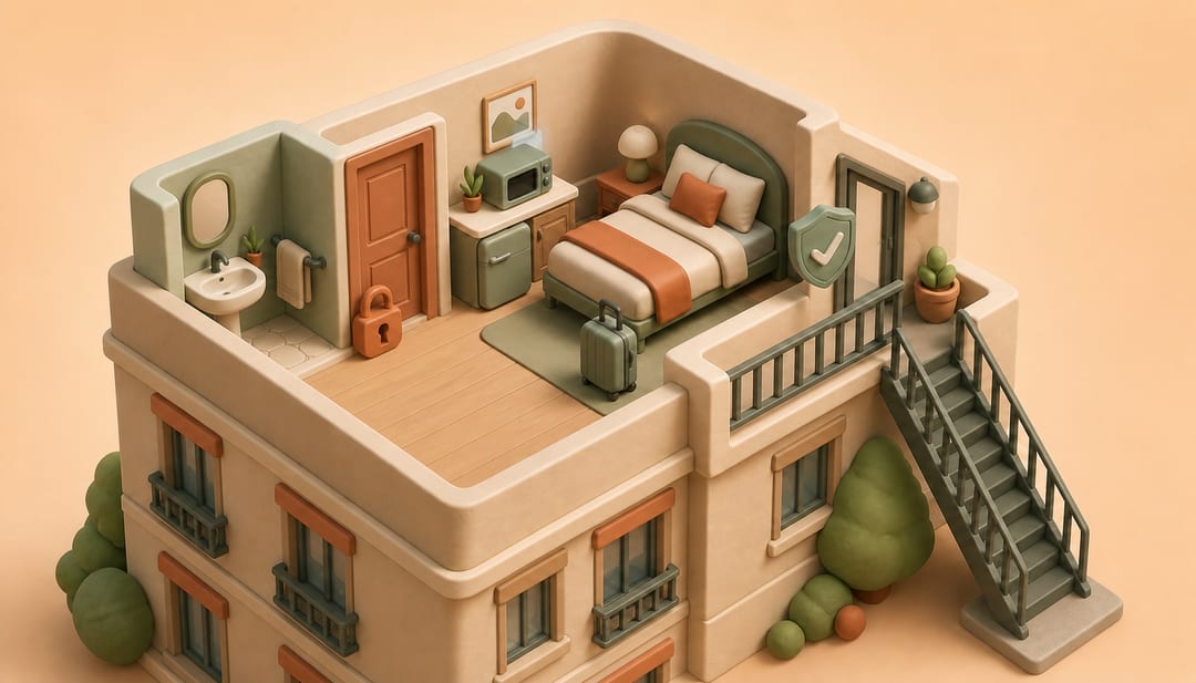 Clay cutaway of a third-floor private suite with an exterior stair, locked interior door, small appliances, suitcase and safety shield