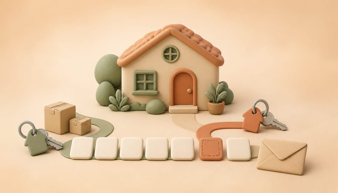 Clay illustration of a rental home, a blank lease timeline, two keyrings, moving boxes and an unmarked notice envelope