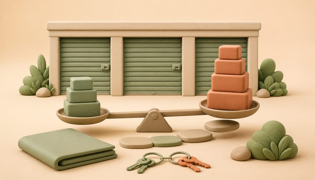 Clay illustration of storage-unit doors, a balance comparing two blank price stacks, stepping tiles, a contract folder and two keyrings