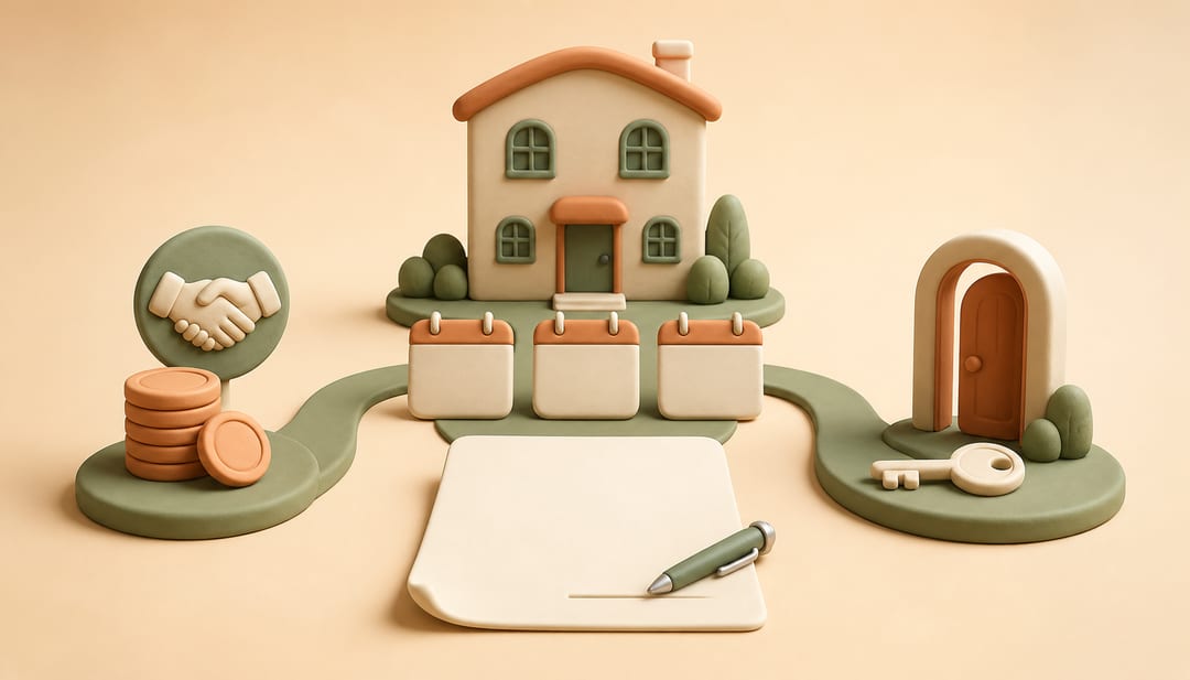 Clay illustration of a townhouse, blank unsigned lease, calendar sequence, payment coins, handshake and a key beside an open doorway