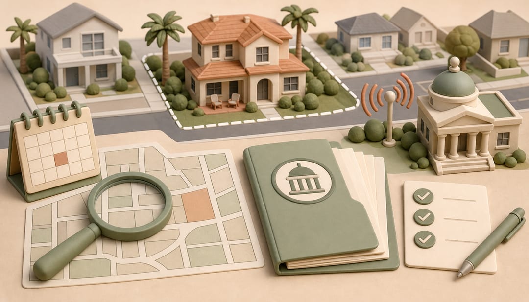 A Jacksonville-style neighborhood block, zoning map, complaint folder, calendar and measured sound symbols arranged for an enforcement decision