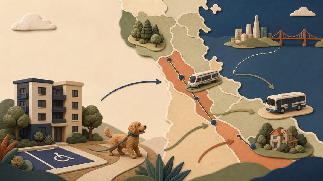 A Bay Area Peninsula neighborhood map with South San Francisco commute routes, an apartment, parking space, dog path and transit symbols