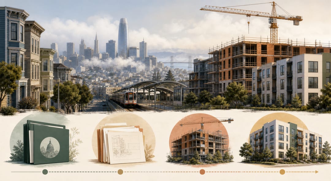 A San Francisco neighborhood with construction cranes, a housing production chart and a transit station