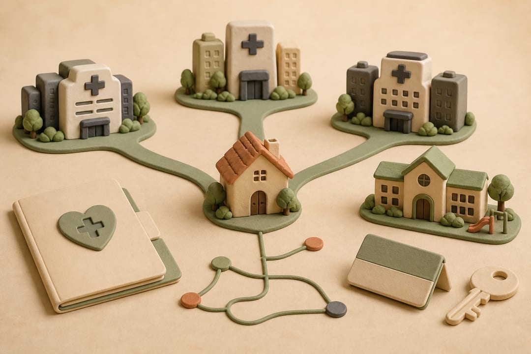 Soft clay illustration of a family healthcare relocation decision with three city paths, a pediatric medical folder, a school building and a small home