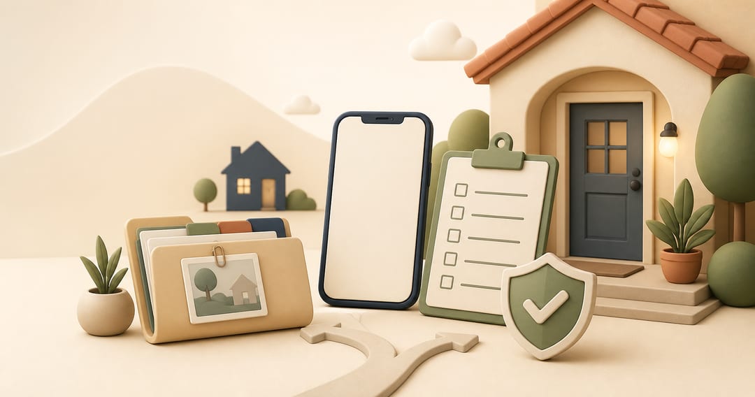Soft clay illustration of a short-term rental host handling a house-rule incident with a home, checklist, phone and evidence folder