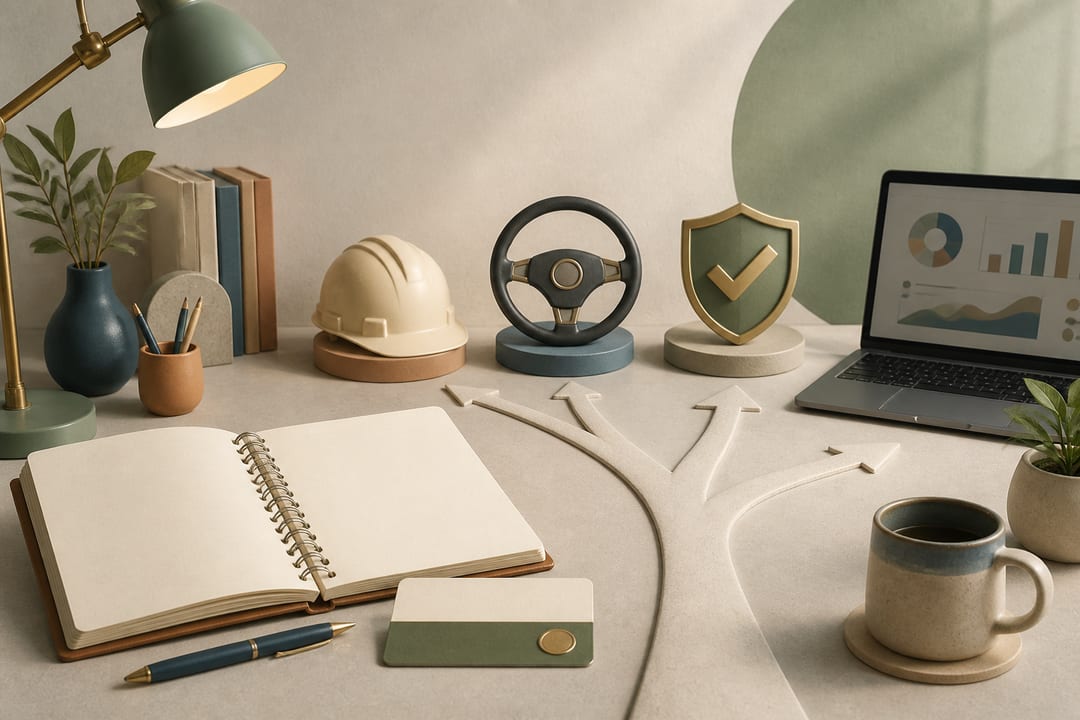 Editorial illustration of a training notebook, hard hat, steering wheel, safety shield, laptop and branching career paths