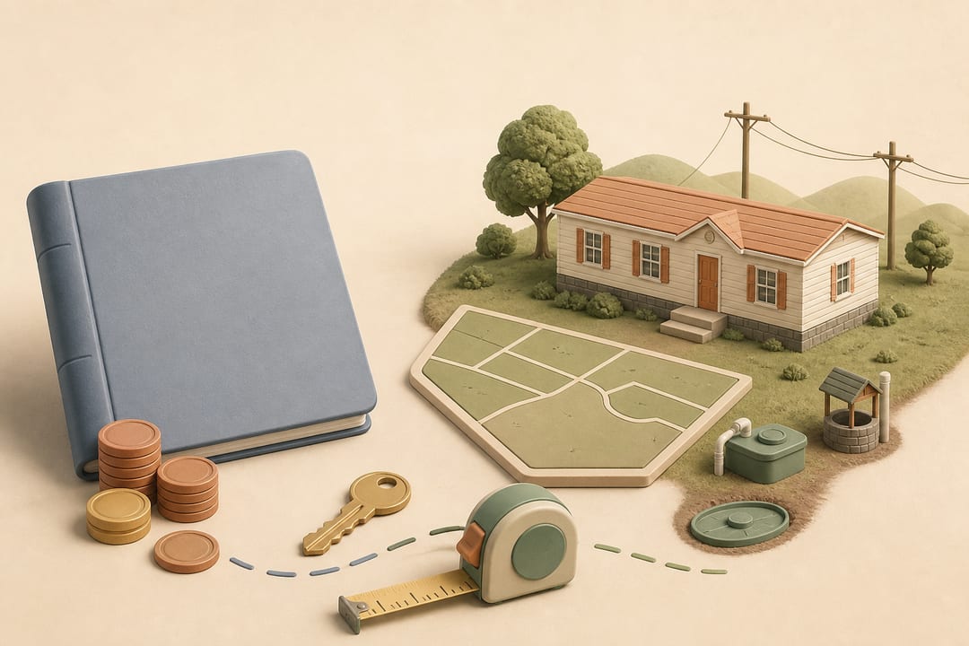 Editorial illustration of a manufactured home, land parcel, debt ledger, keys and a balanced budget scale