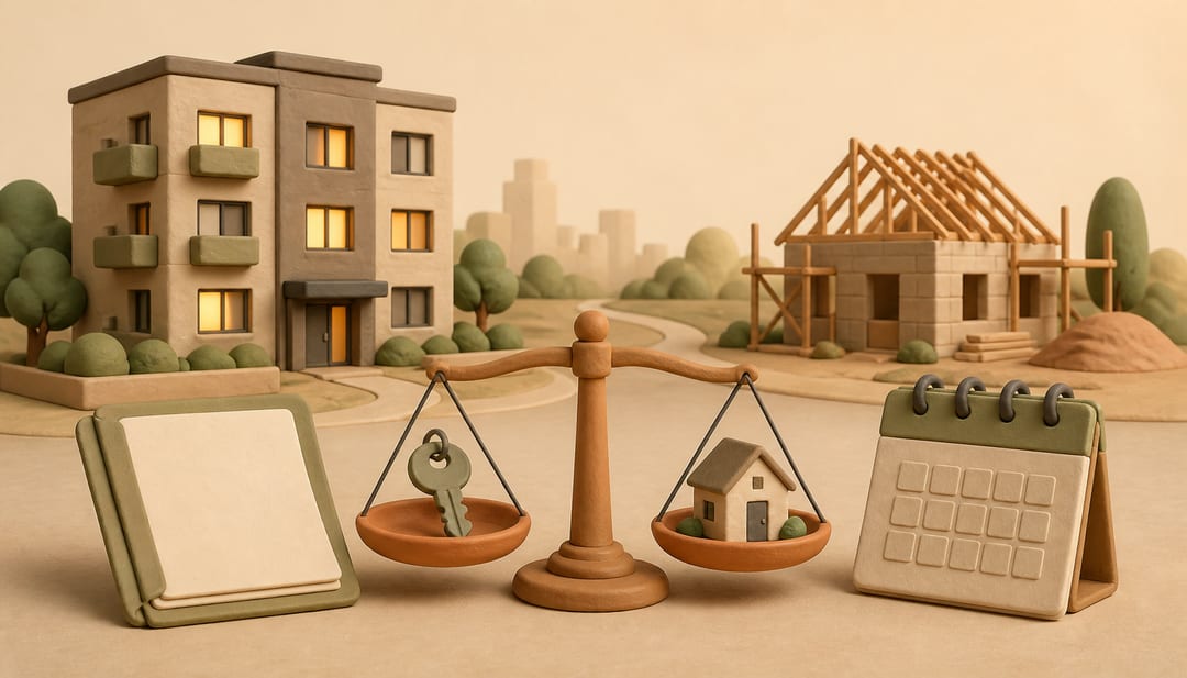 A calm clay-style Australian rental policy scene with an apartment, lease document, balanced scale, key and growing home