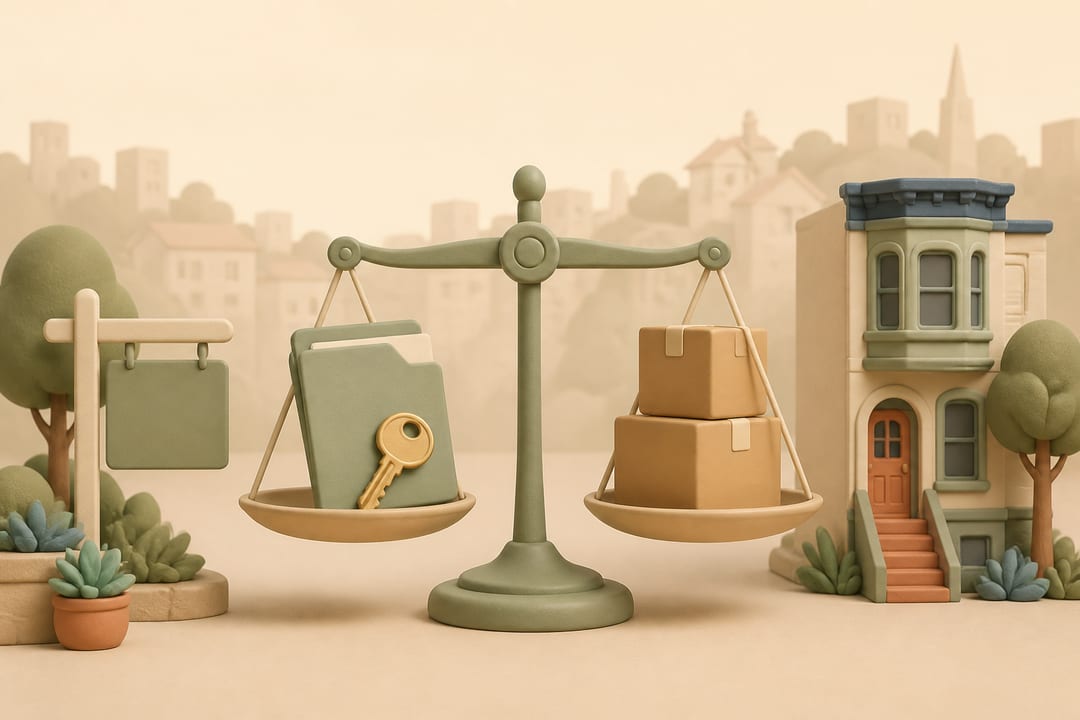 Soft clay illustration of a San Francisco rental home, lease folder, house key, moving boxes and a balanced scale