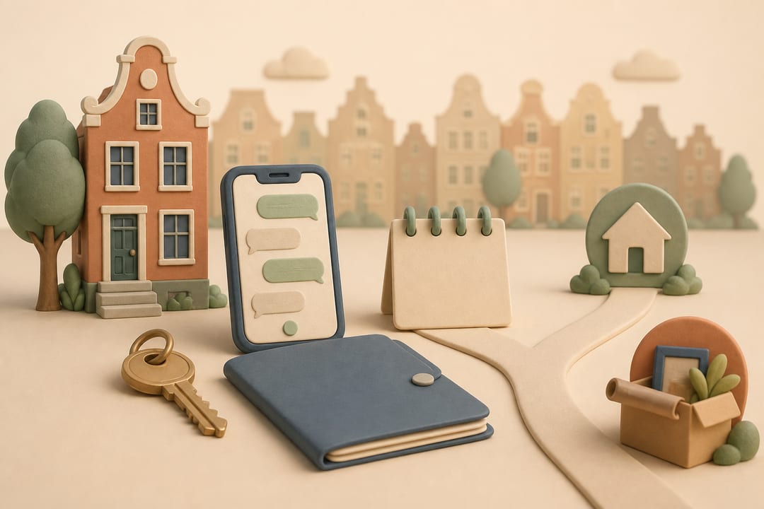 Soft clay illustration of a Dutch townhouse, smartphone with abstract chat bubbles, lease folder, calendar and branching move-out path