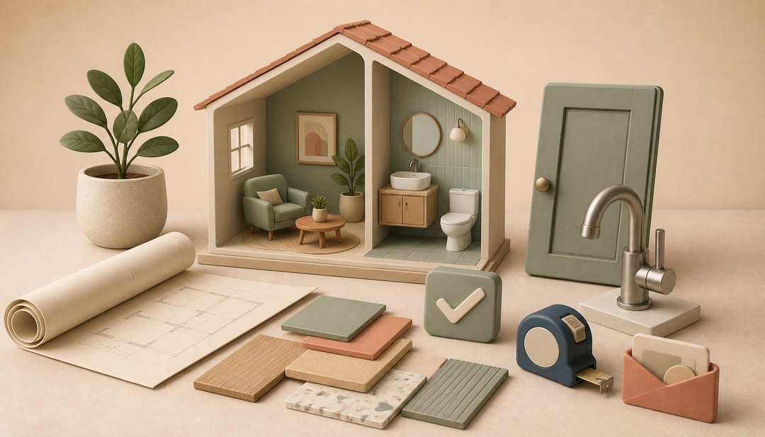 Soft clay illustration of a house renovation plan, material samples, reusable cabinet door, bathroom fixture, tools and a budget envelope