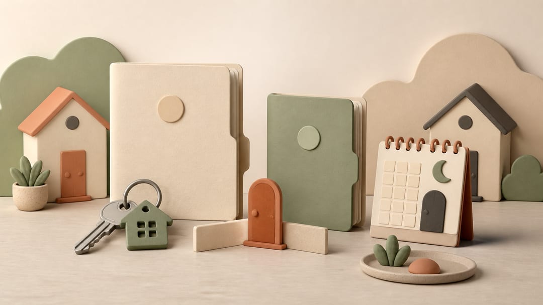 Soft clay illustration of a shared-house key, lease, separate roommate agreement, guest calendar and balanced boundary markers