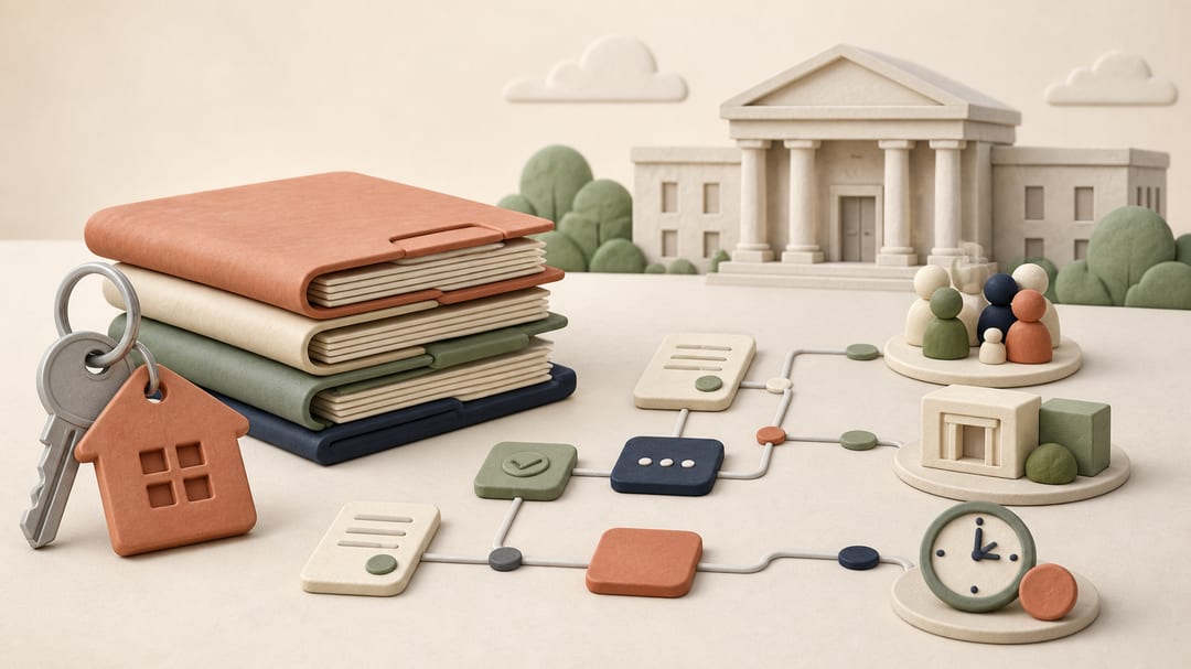 Editorial clay illustration of a county court building, rental home key, case folders, digital document trail and balanced capacity markers