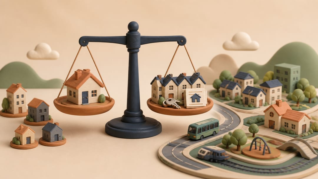 Clay illustration of a balanced housing scale, rental homes, mortgage documents, keys, and a connected new neighbourhood