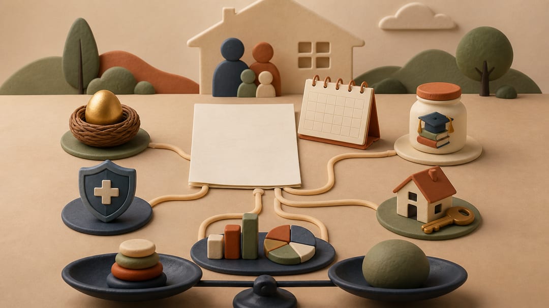 A warm, minimalist clay-style scene representing retirement savings, health savings, education funding, home ownership, and diversified investing.