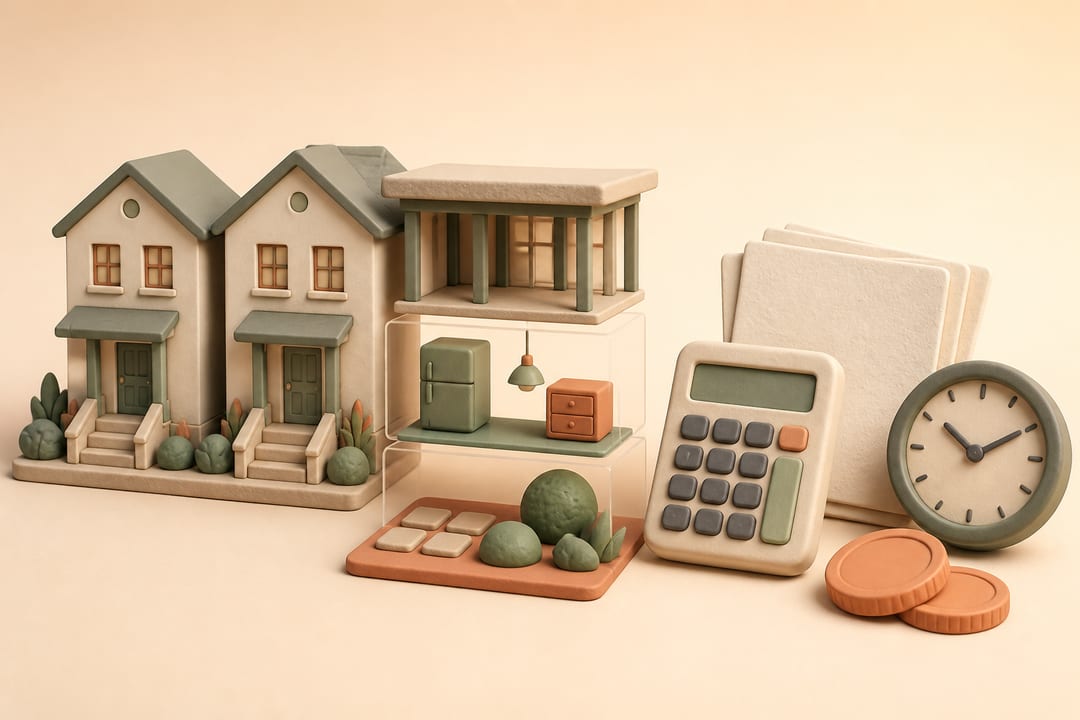 Soft 3D clay illustration of two duplexes, a cutaway showing different property components, blank accounting papers, a calculator and a clock