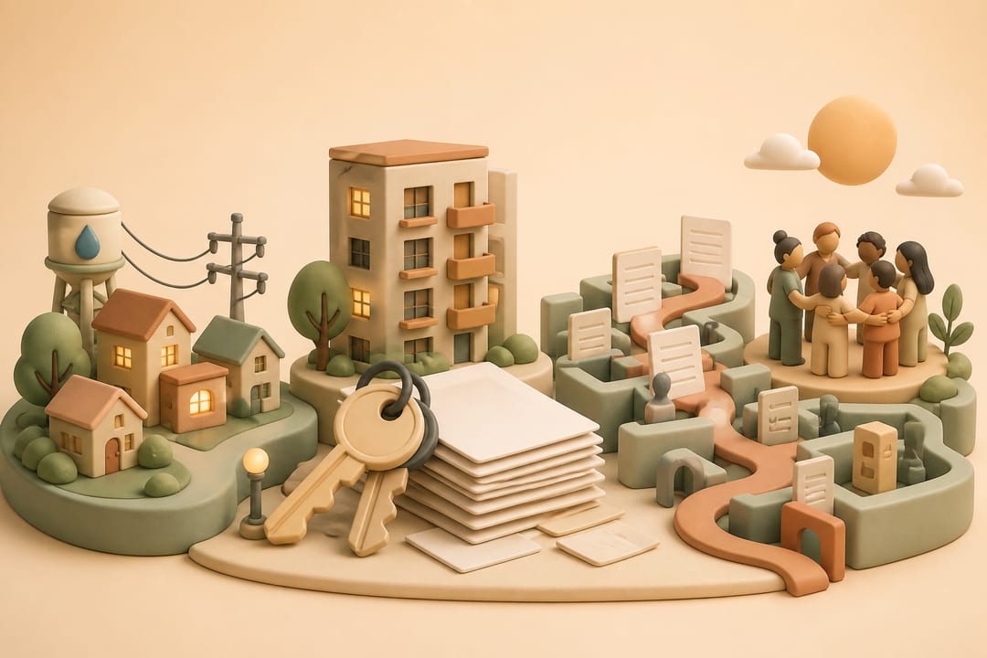 Soft 3D clay illustration of a reliable neighborhood, an apartment with housing papers, a maze of forms and a connected group of people