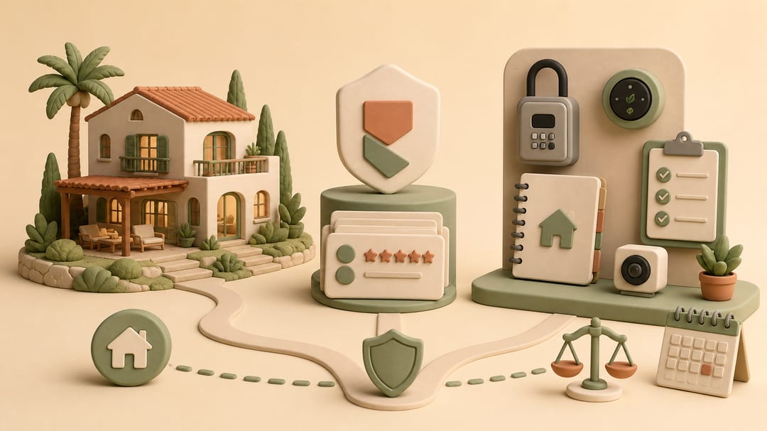 Soft 3D clay illustration of a large holiday home, blank review cards, a status badge, a lockbox, a thermostat, an operations checklist and a balanced scale