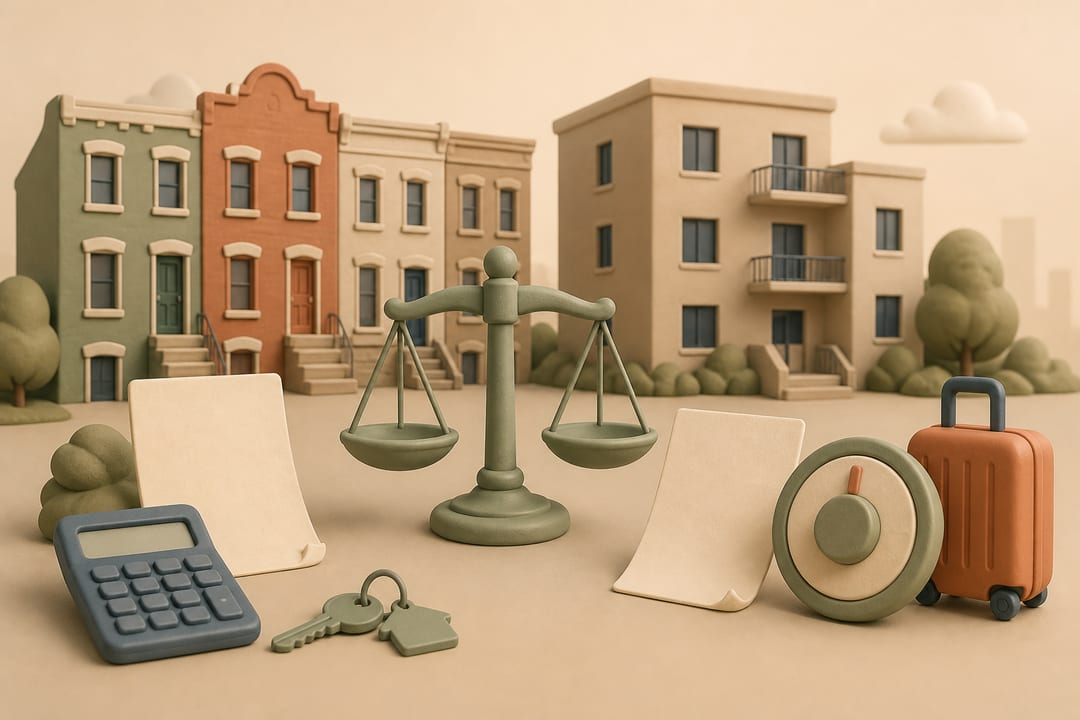 Soft 3D clay illustration of New Jersey rental buildings, blank tax and lease documents, a rent ceiling dial, a guest suitcase, a calculator and a balance scale