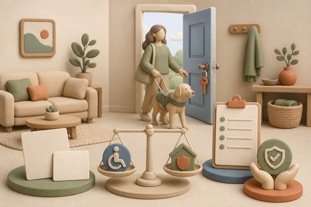 Soft 3D clay illustration of a service dog and traveler entering a vacation rental beside blank reservation and visitor cards, house rules and a balanced accessibility scale