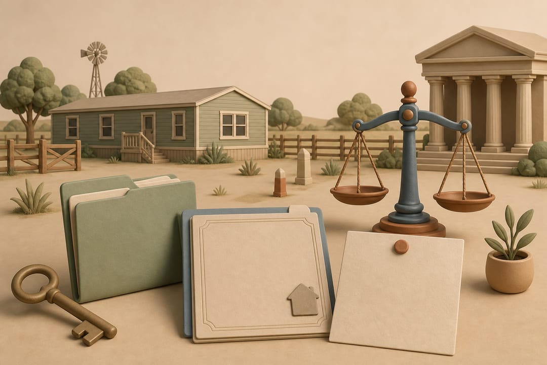 Soft 3D clay illustration of a Texas manufactured home, blank probate and title folders, a key, a notice, a courthouse and a balanced possession-and-ownership scale