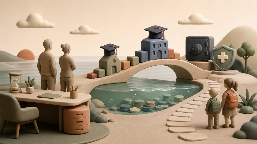 Soft 3D clay illustration of a retirement bridge crossing an education spending timeline with liquid assets, a locked retirement account and a healthcare shield