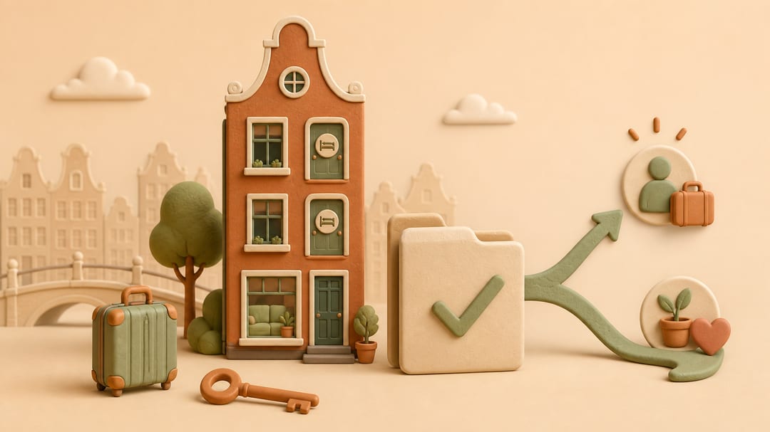 Soft 3D clay illustration of an Amsterdam-style townhouse, guest-room cues, a budget folder and a flexible branching path