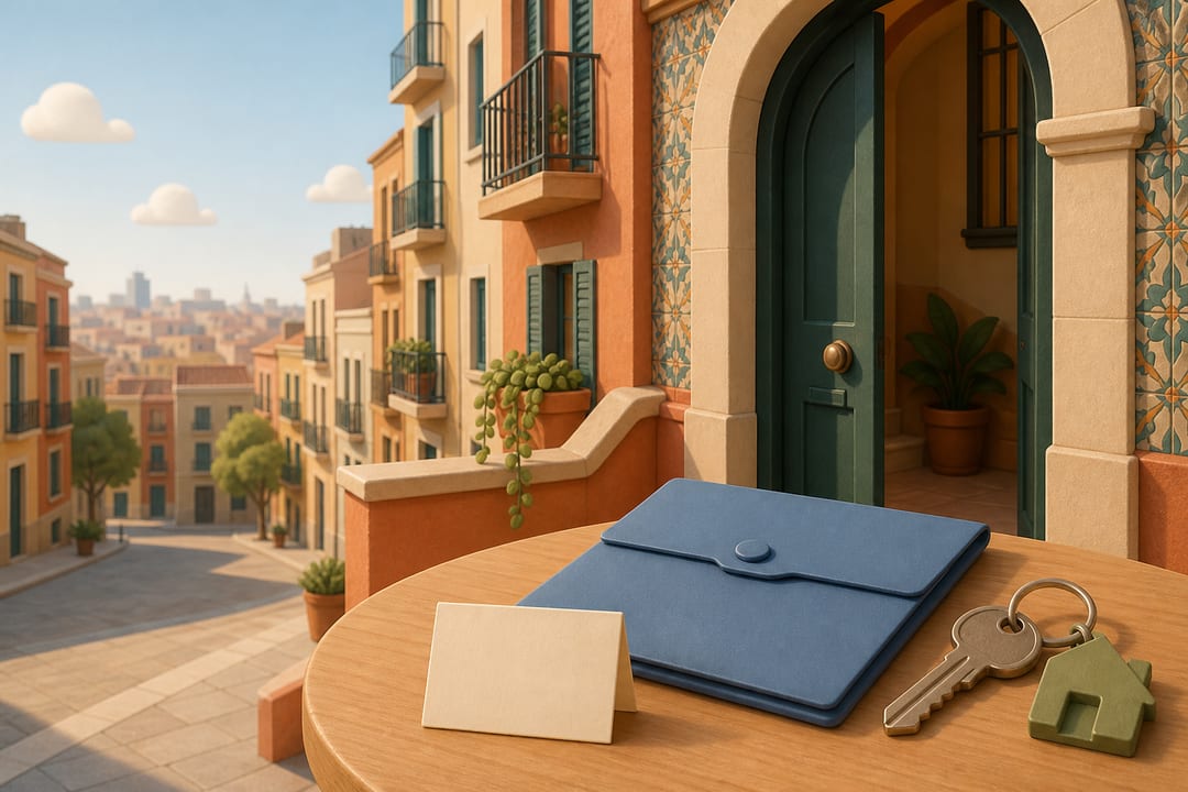Stylized Barcelona apartment entrance with keys, blank address card and registration folder