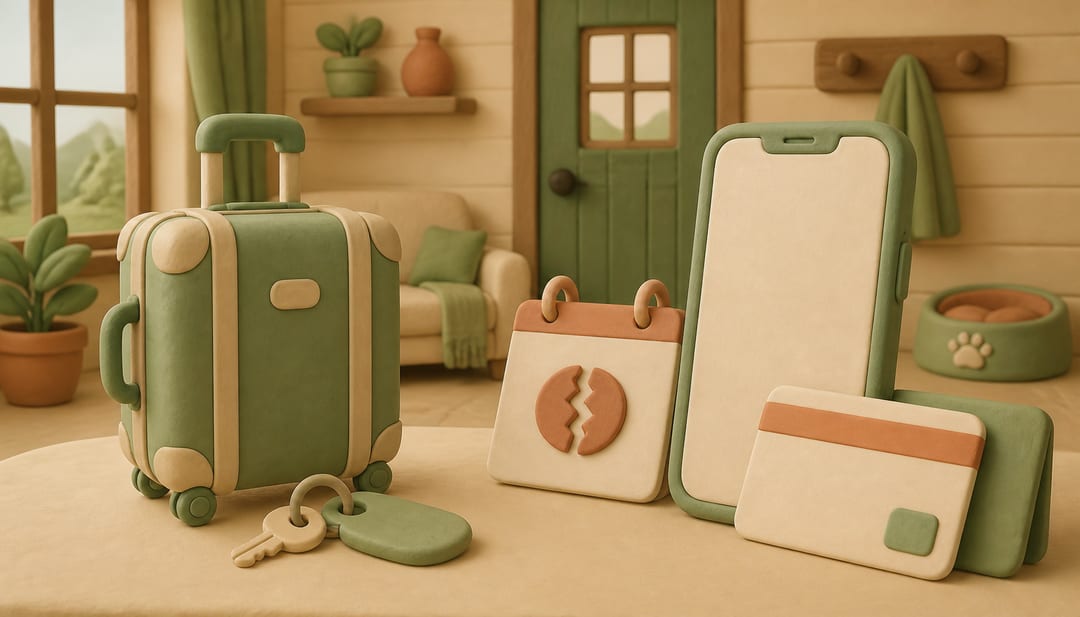 Soft 3D clay illustration of a suitcase, a canceled calendar tile, a cabin key, a phone and a refund card