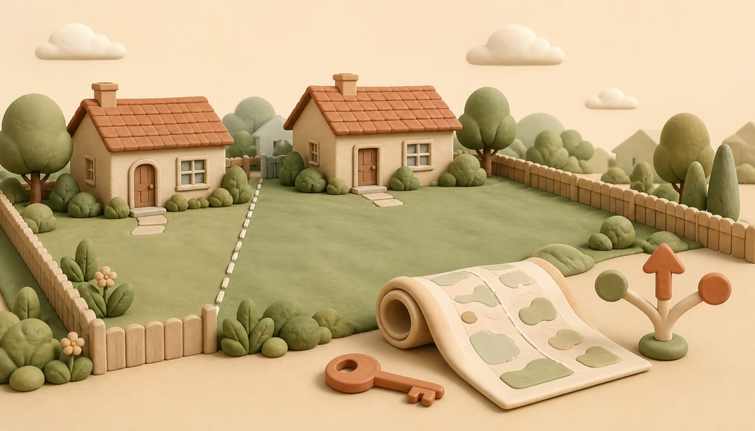 Soft 3D clay illustration of two neighboring homes, an expanded garden, a survey map and a key