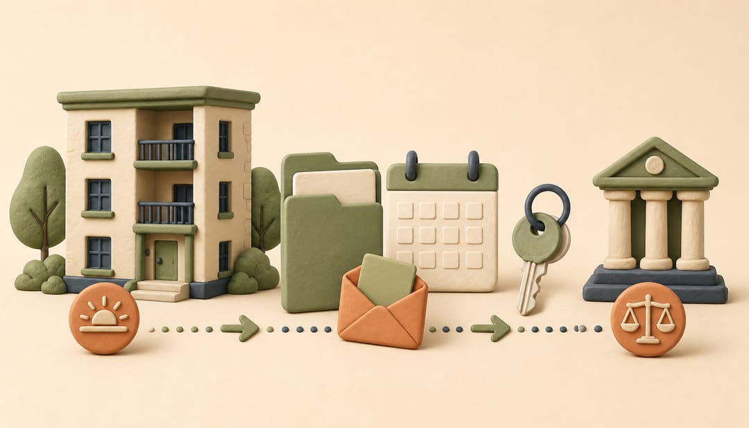Soft 3D clay illustration of a Maine multifamily rental building, lease folder, calendar, rent envelope, key and courthouse symbol connected by a documented process