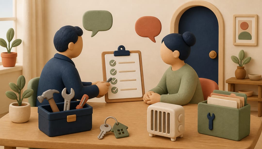Soft 3D clay illustration of a landlord and tenant connected by a clear property management checklist, repair toolbox, key and communication folder