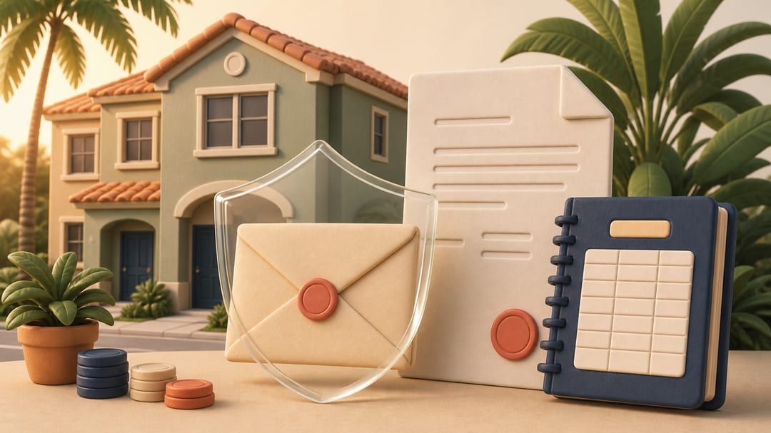 Soft 3D clay illustration of a Florida rental home, a rent envelope, an HOA notice and a protected payment ledger