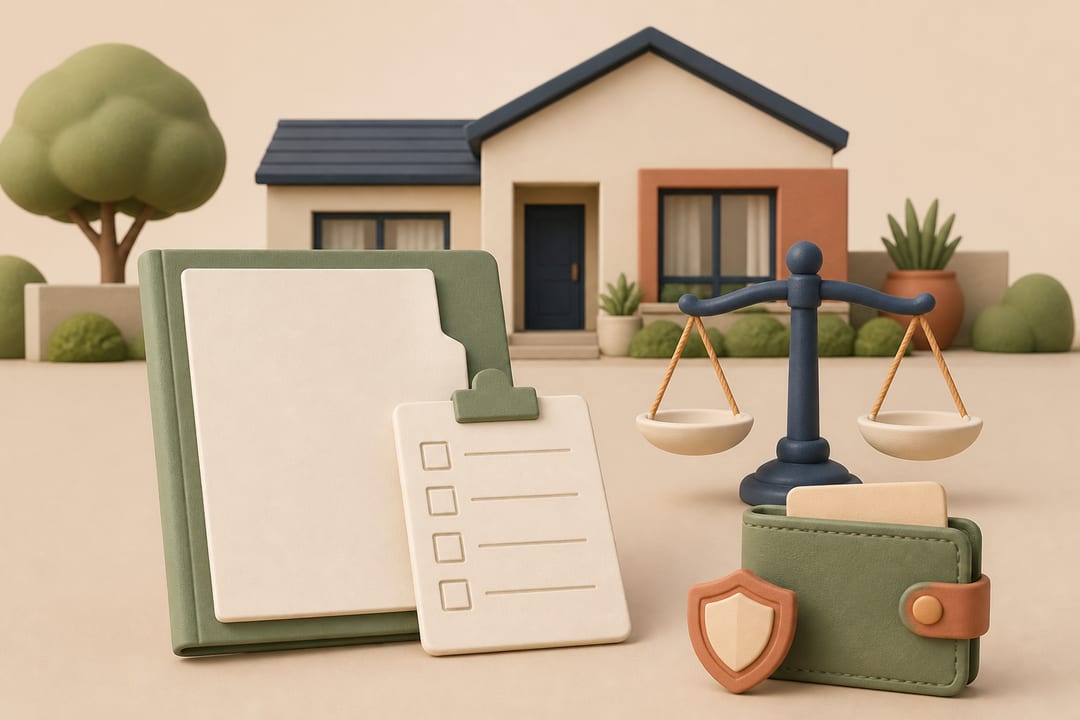 Soft 3D illustration of a rental agreement, a fee checklist and a protected tenant wallet beside a South African home