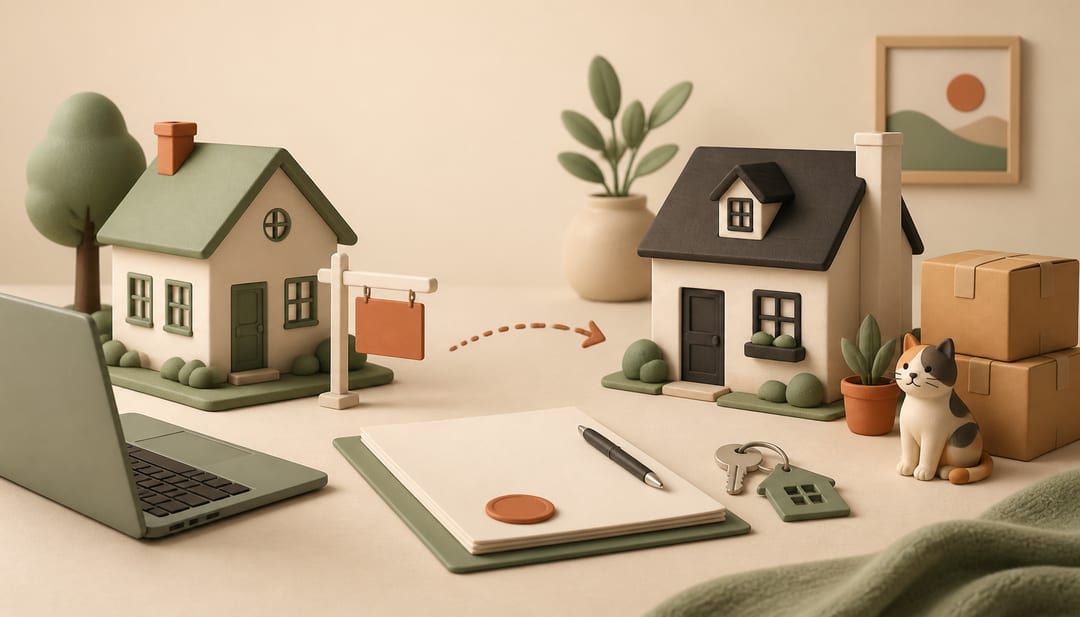 Soft 3D illustration of a home sale transitioning to a temporary rental, with moving boxes, a laptop, a key, a contract folder and an indoor cat