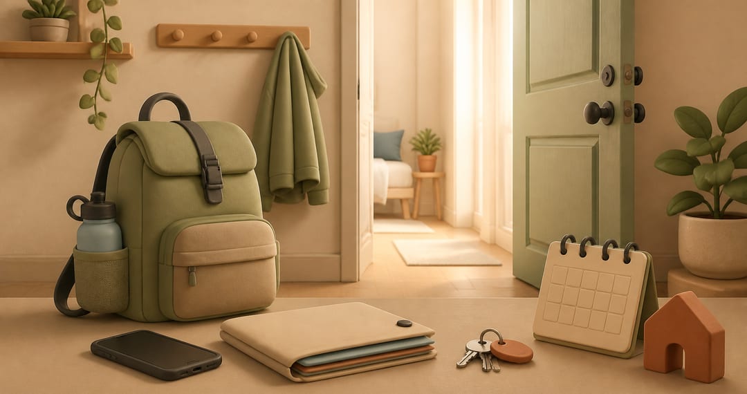 Soft 3D illustration of a packed backpack, phone, documents, keys and an open door leading toward a safe temporary home