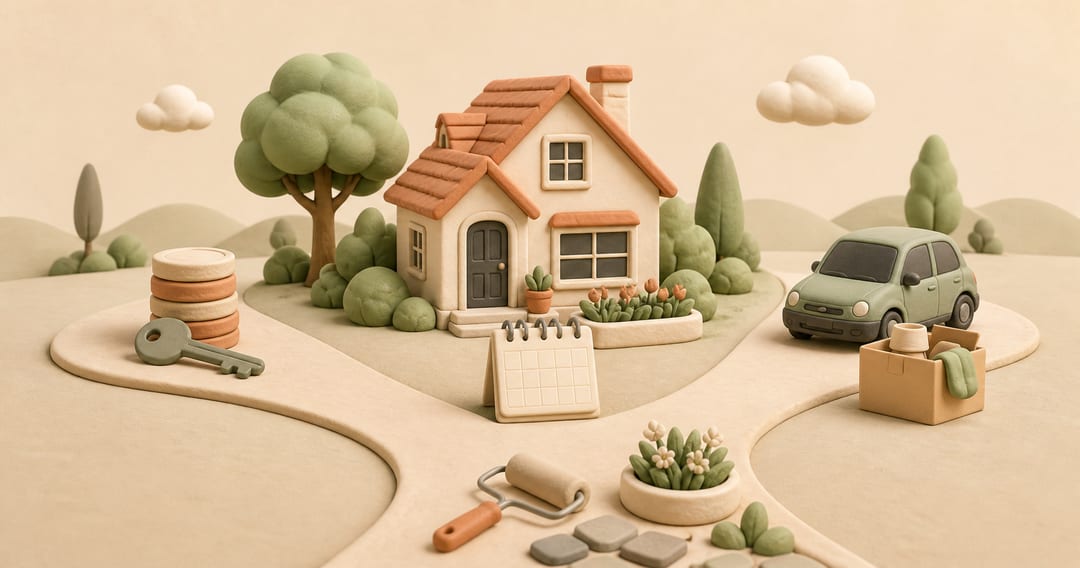Soft 3D clay illustration of a house at a three-way path with a key, moving box, car, calendar and exterior remodeling tools