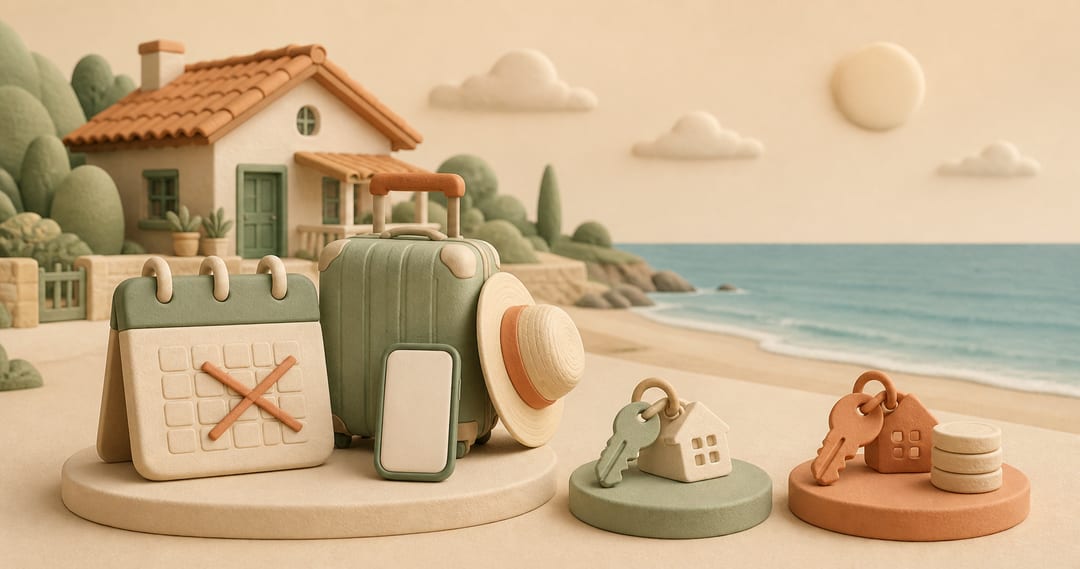Soft 3D clay illustration of a seaside cottage, crossed-out blank calendar, suitcase, phone, lodging keys and a neutral refund coin stack