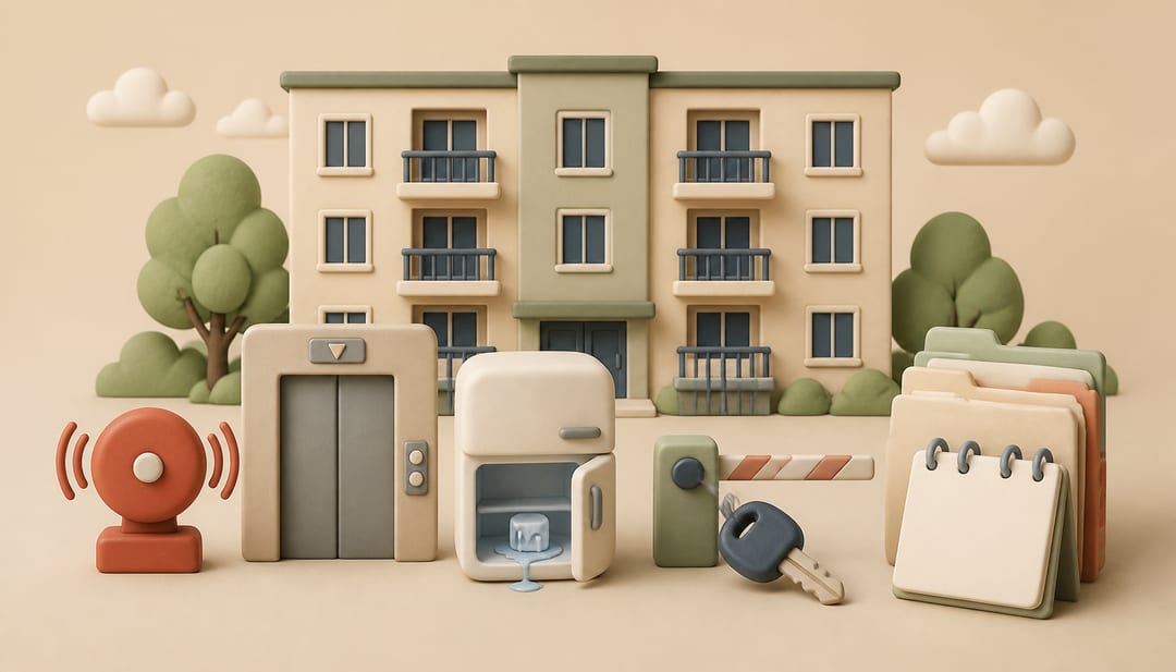 Soft 3D illustration of an apartment building with a fire alarm, broken elevator indicator, refrigerator, parking gate and organized repair records
