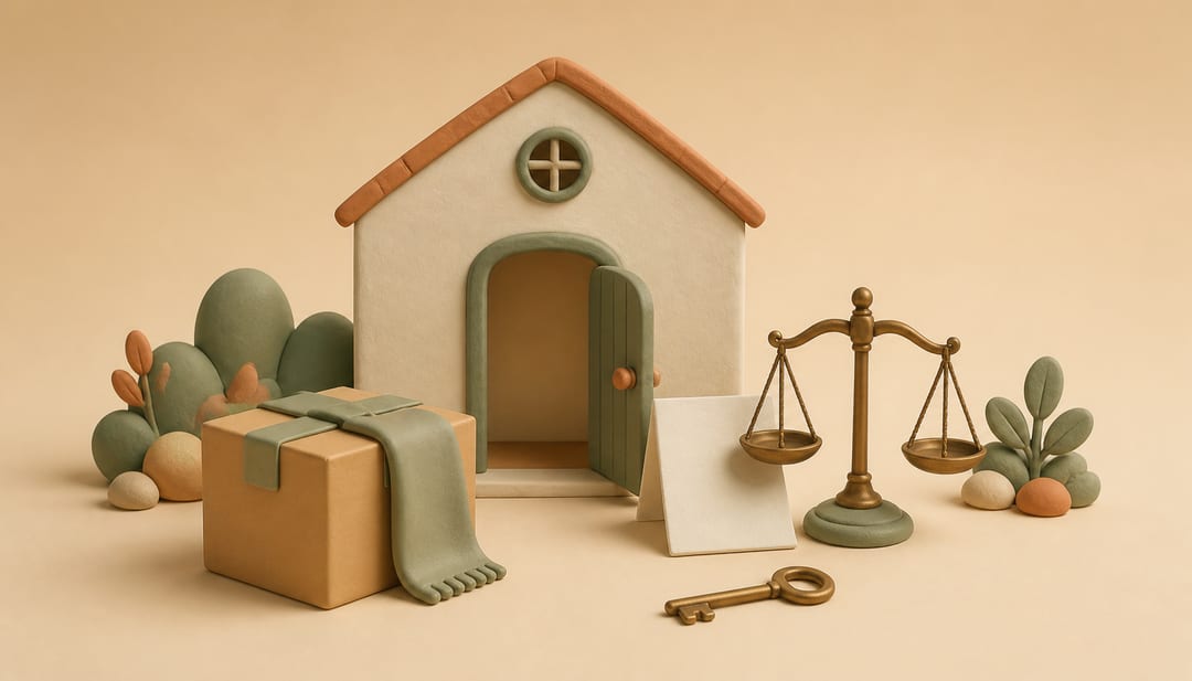 Soft clay illustration of a house, moving box, blank agreement, key and balanced scale representing a careful move-out decision