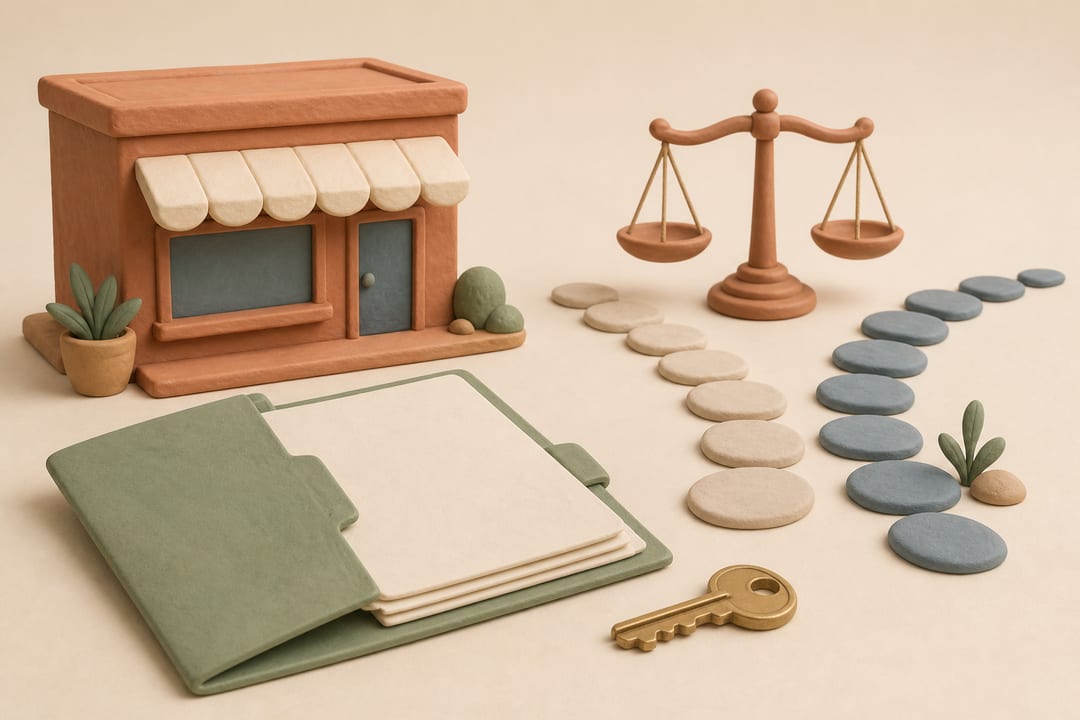 Soft clay illustration of a storefront, blank lease folder, key, balanced scale, and two paths representing a careful commercial-lease decision