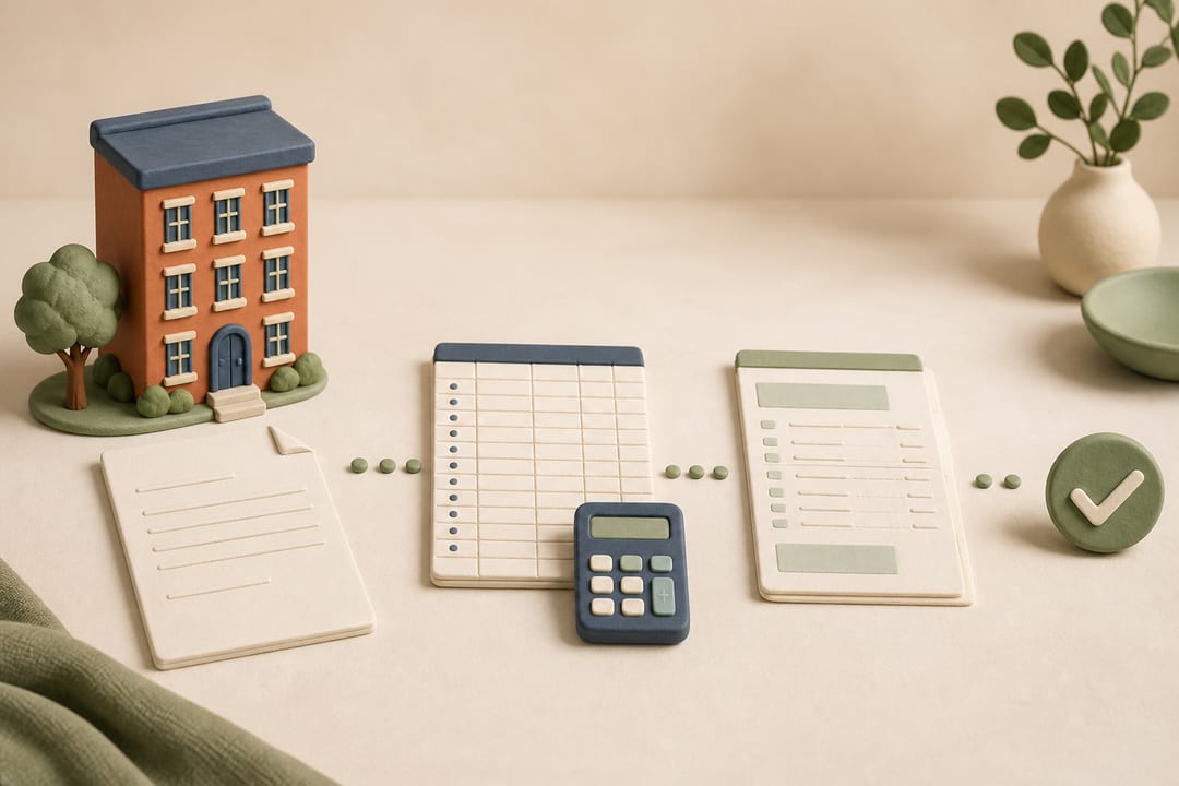Clay-model apartment building, lease, payment ledger, bank record, calculator and check marker representing rent-account reconciliation