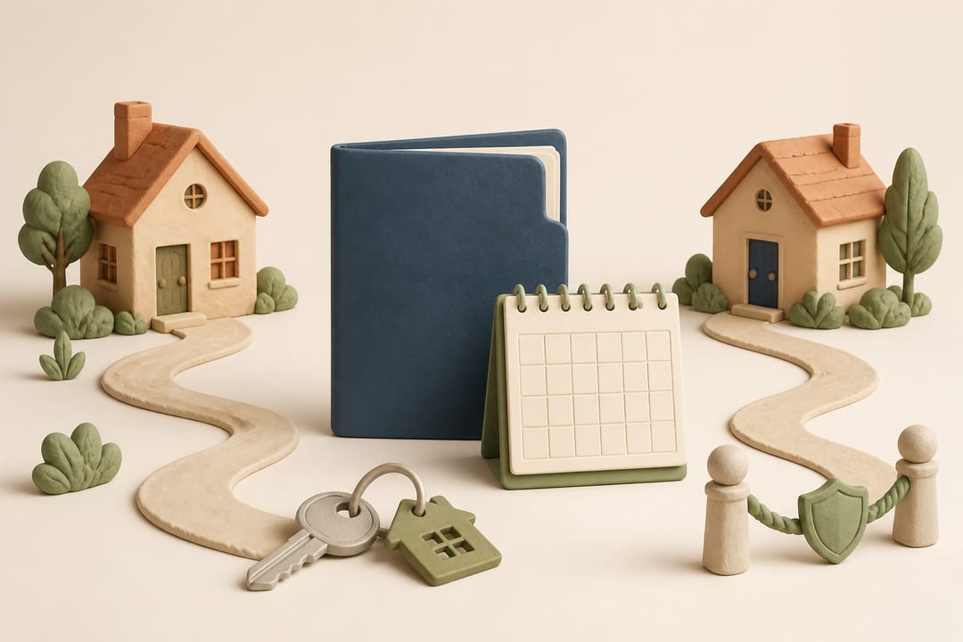 Two clay-model houses, exchange folder, completion calendar, keys and a protective marker representing a careful property-chain timing decision