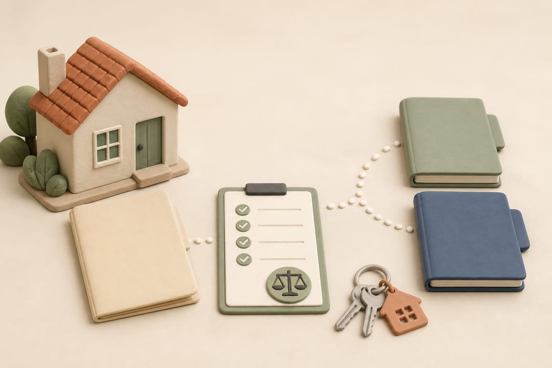 Clay-model home, appraisal checklist, loan folders and keys representing a seller reviewing a buyer financing change