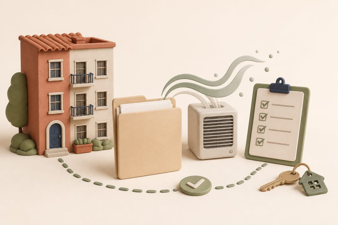 Clay-model apartment, air-comfort unit, written-request folder, checklist and keys representing a disability-related housing modification process